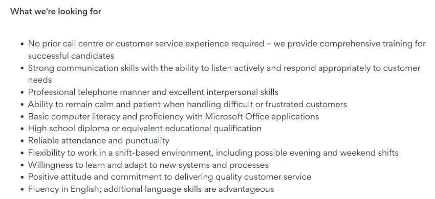 Requirements block of a Concentrix JobStreet post: no prior call centre or customer service experience required, high school diploma or equivalent.