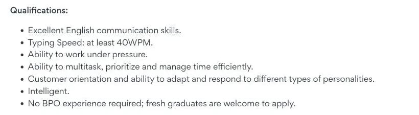 JobStreet post by ConnectUs Marketing Solutions for a work-from-home call center agent asking for a typing speed of at least 40 WPM