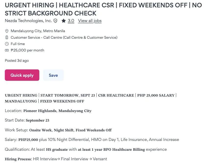 JobStreet post by Nezda Technologies for a healthcare CSR in Mandaluyong listing the hiring process as HR Interview, Final Interview, Versant