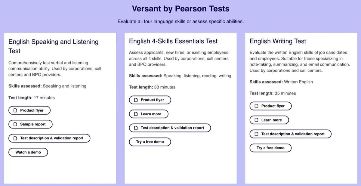 Pearson's Versant tests page listing the English Speaking and Listening Test at 17 minutes, used by corporations, call centers and BPO providers