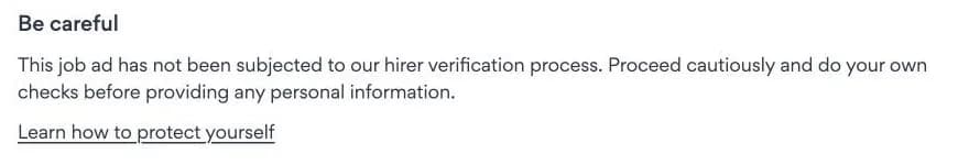 JobStreet warning on a VA post: this job ad has not been subjected to our hirer verification process, proceed cautiously and do your own checks before providing any personal information