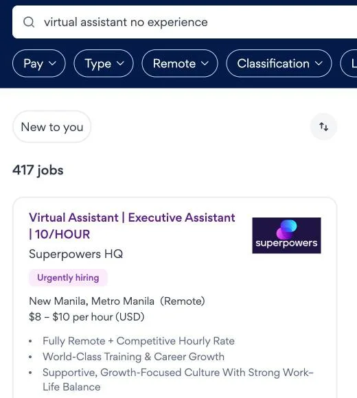 JobStreet search for virtual assistant no experience showing 417 jobs; the first result, a Virtual Assistant and Executive Assistant post at $8 to $10 an hour, promises world-class training