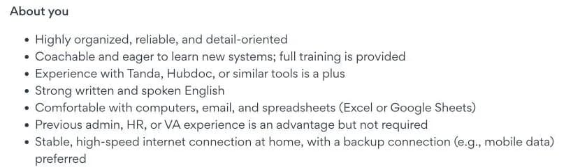 About you section of a JobStreet Virtual Admin Assistant post: coachable and eager to learn, full training is provided; previous admin, HR, or VA experience is an advantage but not required
