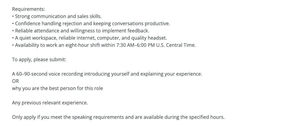 Requirements in an OnlineJobs.ph cold calling VA post: a quiet workspace, reliable internet, computer and quality headset, an eight-hour shift in US Central Time, and a 60 to 90 second voice recording to apply