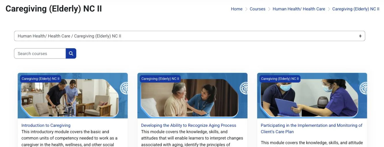 e-TESDA category page for Caregiving (Elderly) NC II under Human Health/ Health Care, showing three course cards including Introduction to Caregiving