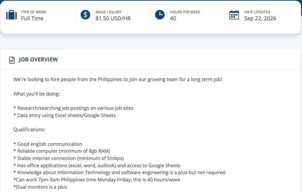OnlineJobs.ph data entry post: full time, $1.50 USD per hour, 40 hours a week, reliable computer with 8GB RAM, 5mbps internet, 7pm to 3am Philippines time